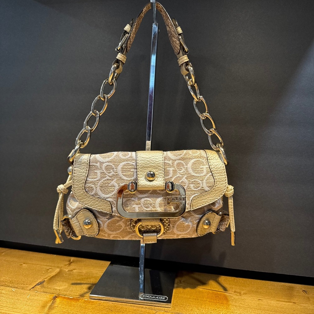 Vintage GUESS Moondance Monogram G Chain Shoulder Bag Beige Gold Y2K